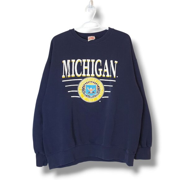 Vintage 90s Michigan University Nutmeg Crewneck Sweater Blue Size XL - Picture 1 of 4